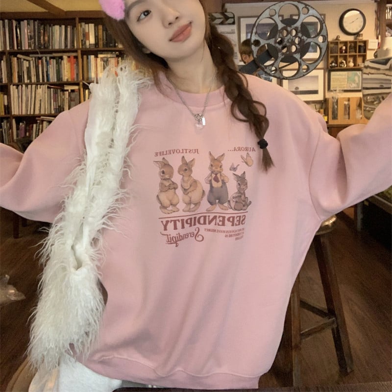 Women's Pink Cute Rabbit Pullover Sweater