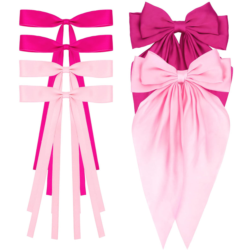 WHAVEL 6PCS Pink Hair Bows for Women Pink Bows Ribbon Hair Clips with Long Tail Silky Satin Bow Clips Cute Hair Clips Pink Hair Accessories (PinkHot pink)