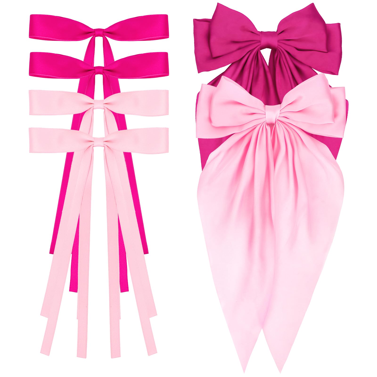 WHAVEL 6PCS Pink Hair Bows for Women Pink Bows Ribbon Hair Clips with Long Tail Silky Satin Bow Clips Cute Hair Clips Pink Hair Accessories (PinkHot pink)